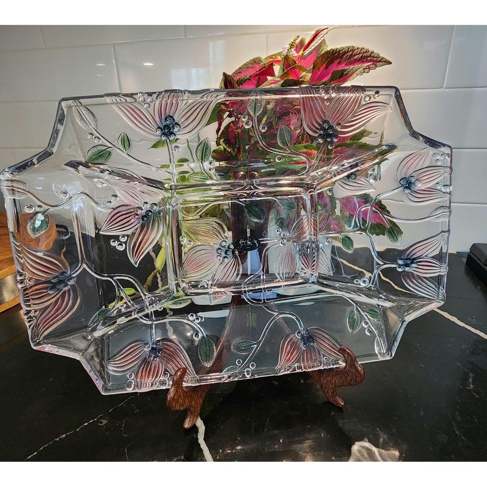 Vintage Crystal Clear Japan Lead Crystal Tray Hand-Tinted Floral Platter 1980s
